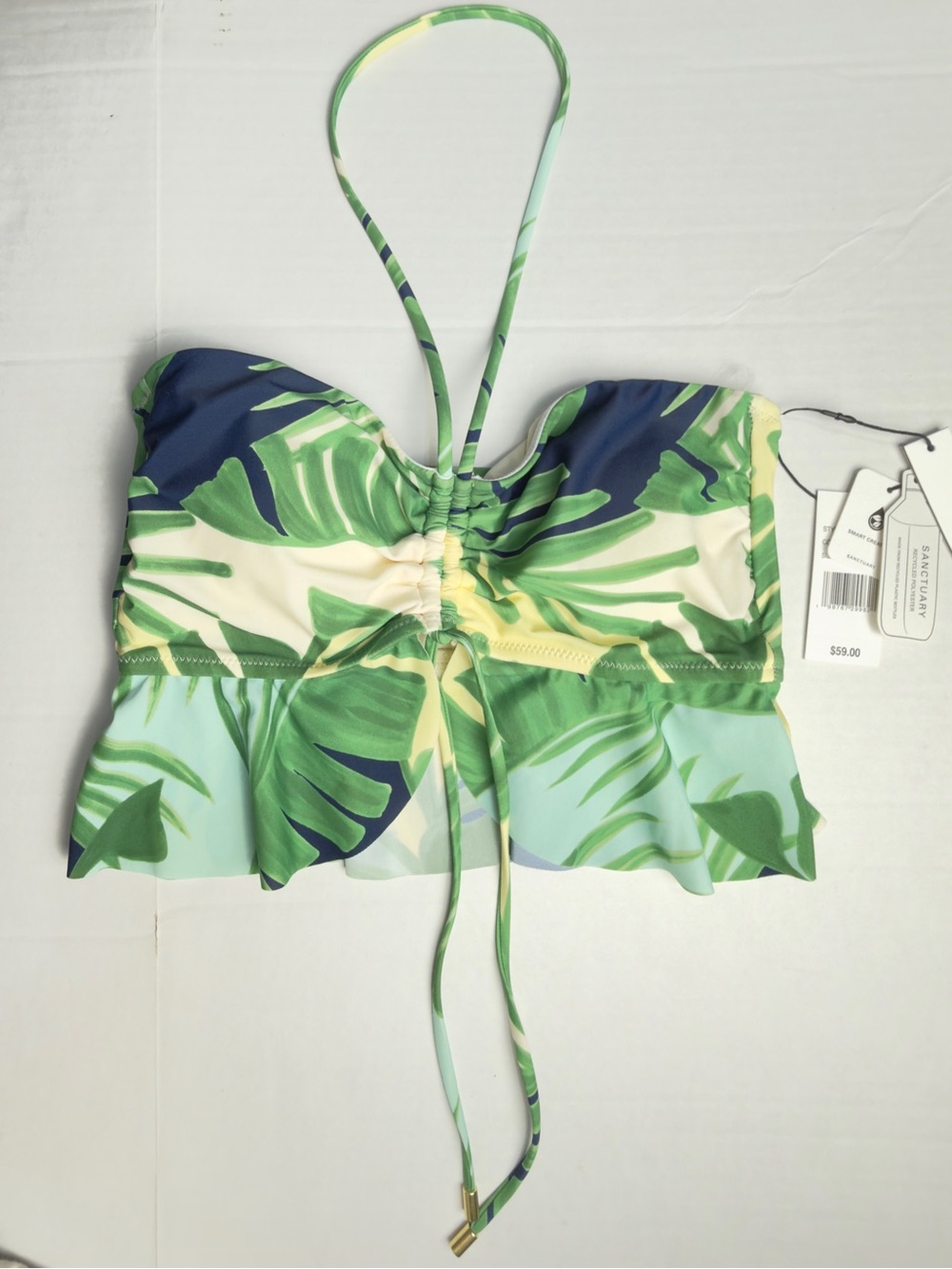 Sanctuary green tropical print ruffle bikini top NWT Women’s size medium | a